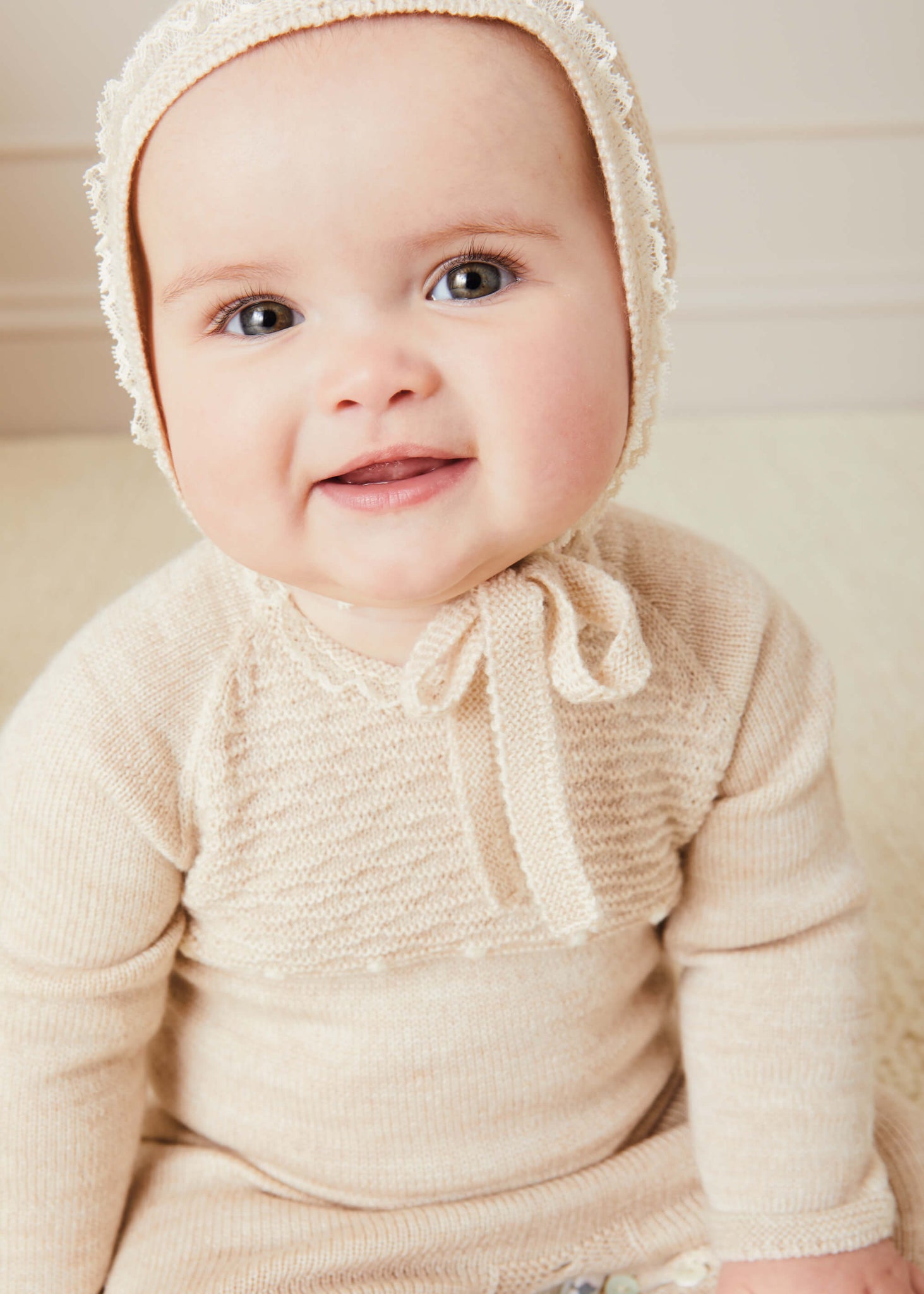 Knitted Lace Trim 2 Piece Set In Beige (1-6mths) ALL-IN-ONE  from Pepa London