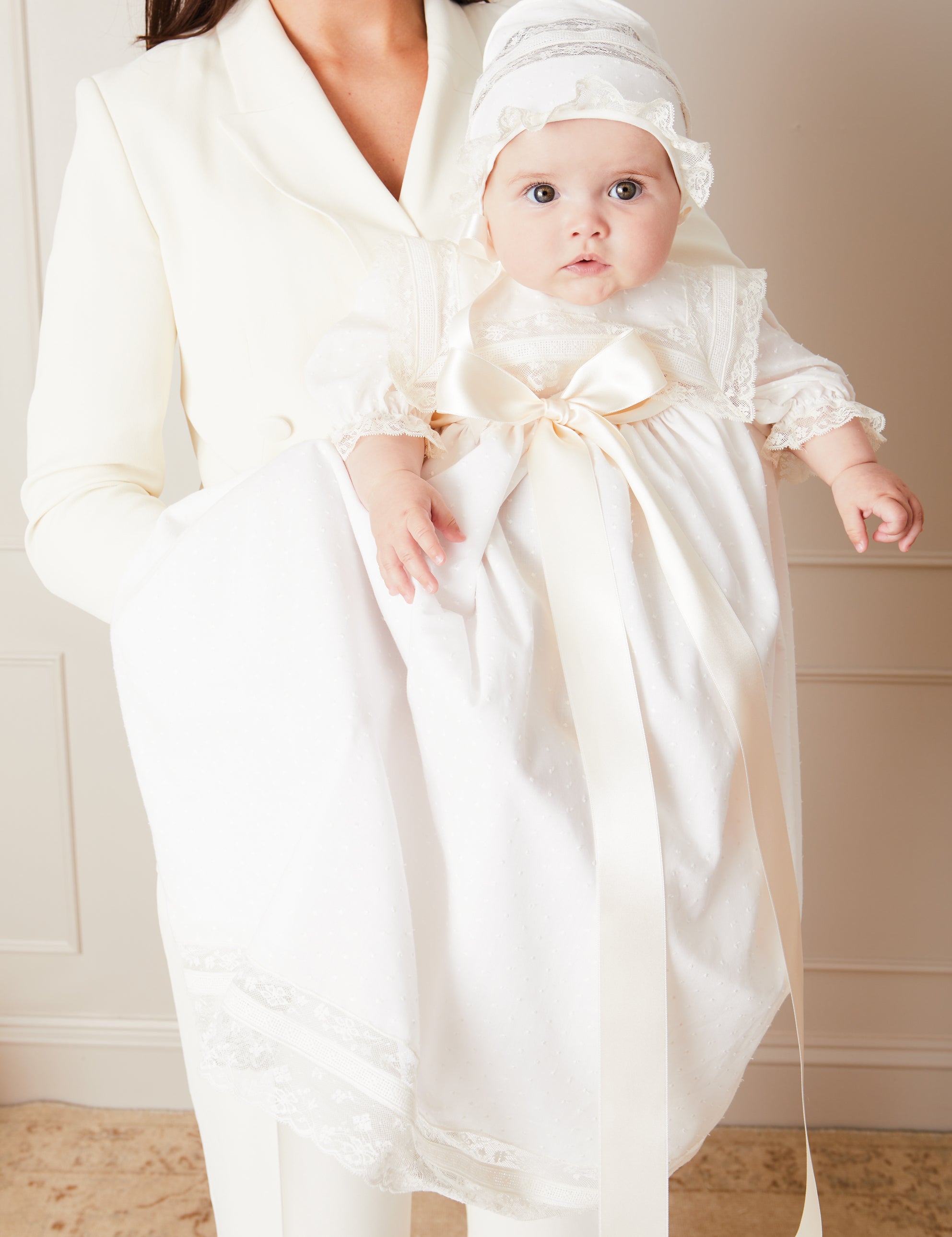 Bespoke Traditional Christening Gown with Front Satin Sash and Bonnet Made to order  from Pepa London