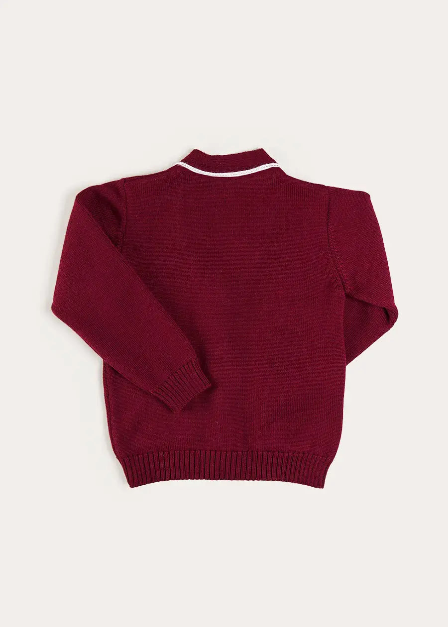 Apple Crest Pocket Detail with White Trim Cardigan in Burgundy (3-10yrs) Knitwear from Pepa London