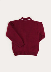 Apple Crest Pocket Detail with White Trim Cardigan in Burgundy (3-10yrs) Knitwear from Pepa London