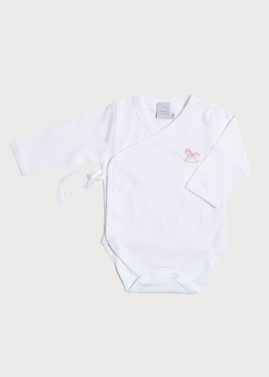 Newborn Side Tie Bodysuit With Rocking Horse Embroidery Pink (1-6mths) Tops & Bodysuits  from Pepa London