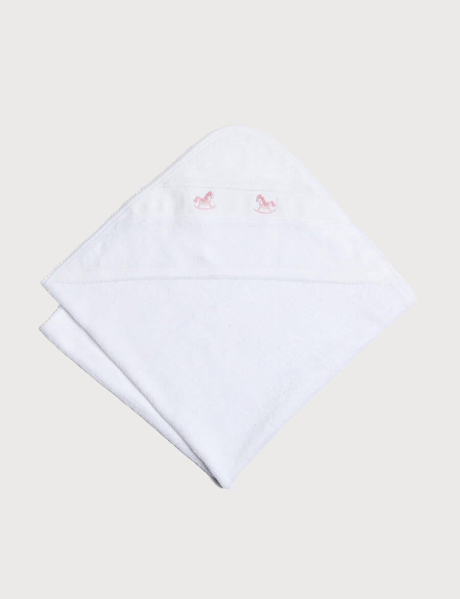 Newborn Towel with Rocking Horse Embroidery In Pink Knitted Accessories  from Pepa London