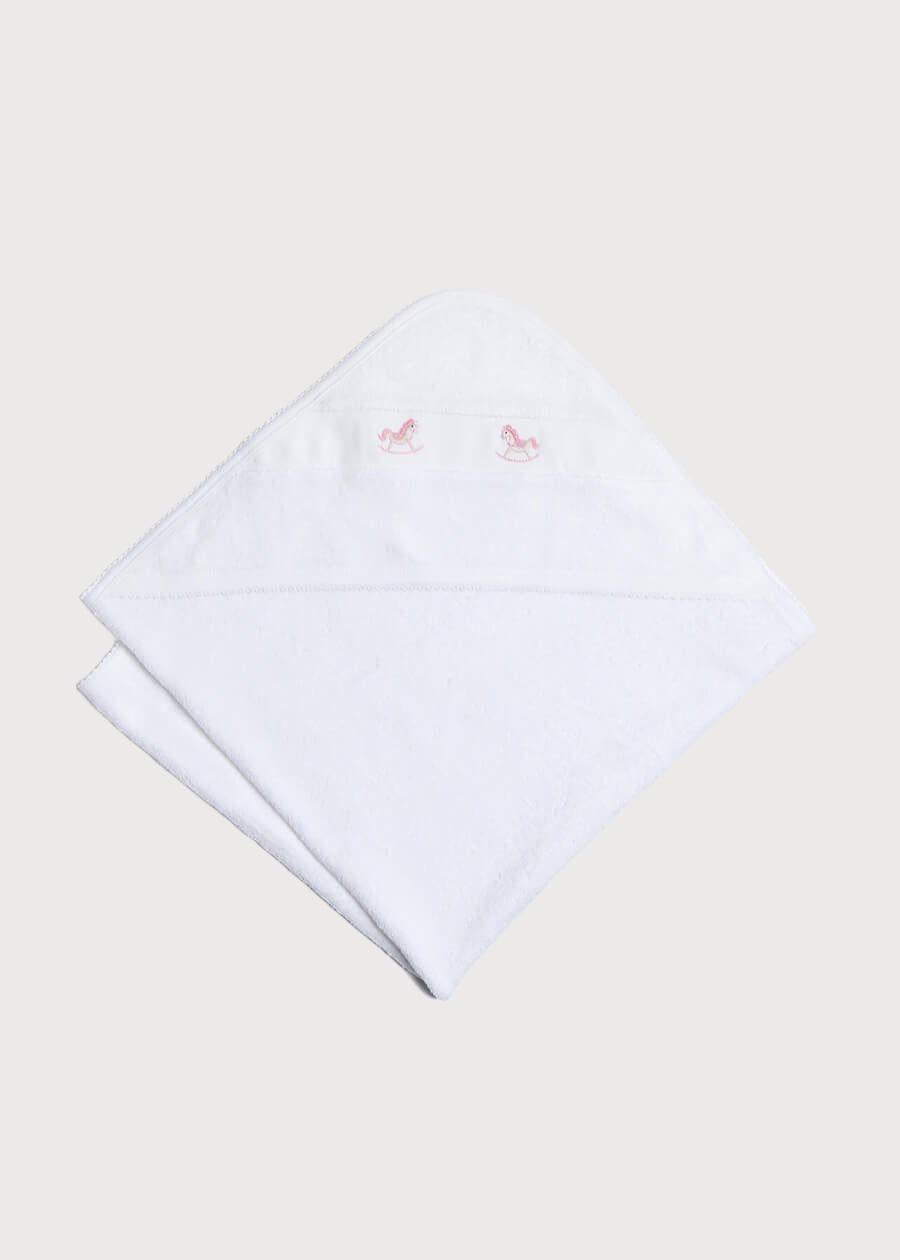 Newborn Towel with Rocking Horse Embroidery In Pink Knitted Accessories  from Pepa London