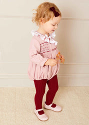 Hand Smocked Double Breasted Long Sleeve Romper in Pink (6mths-2yrs) Rompers from Pepa London