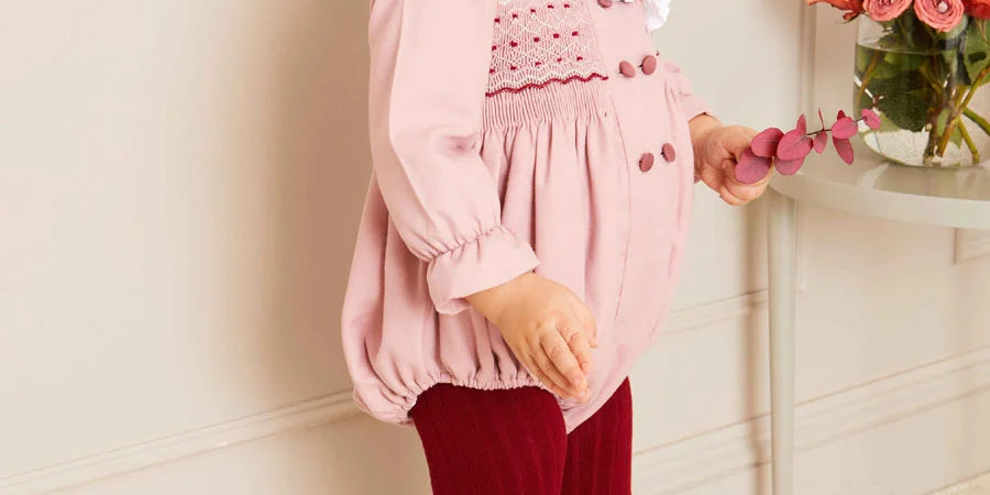 Hand Smocked Double Breasted Long Sleeve Romper in Pink (6mths-2yrs) ROMPERS from Pepa London