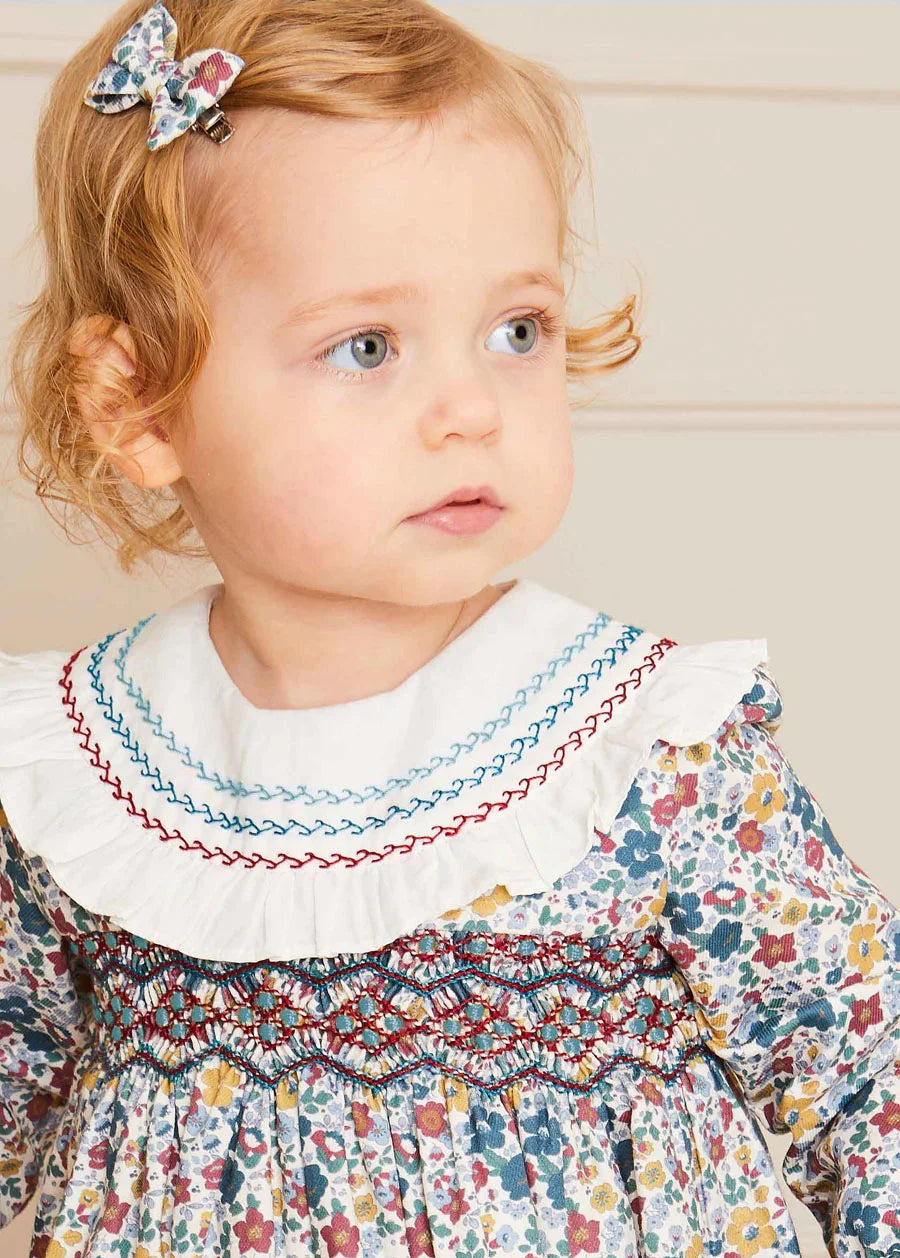Emilia Floral Long Sleeve Romper in Burgundy (6mths-2yrs) Rompers  from Pepa London