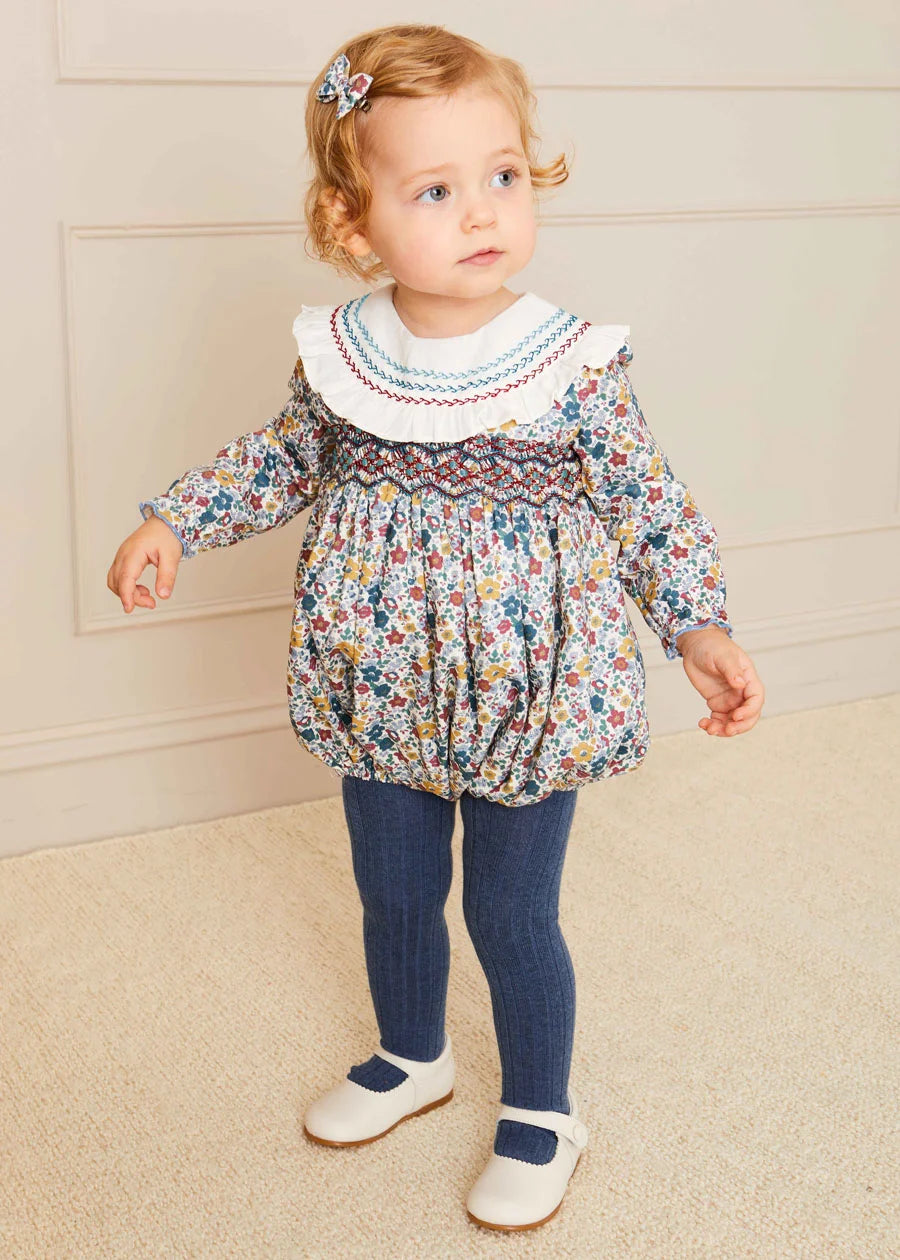 Emilia Floral Long Sleeve Romper in Burgundy (6mths-2yrs) Rompers  from Pepa London