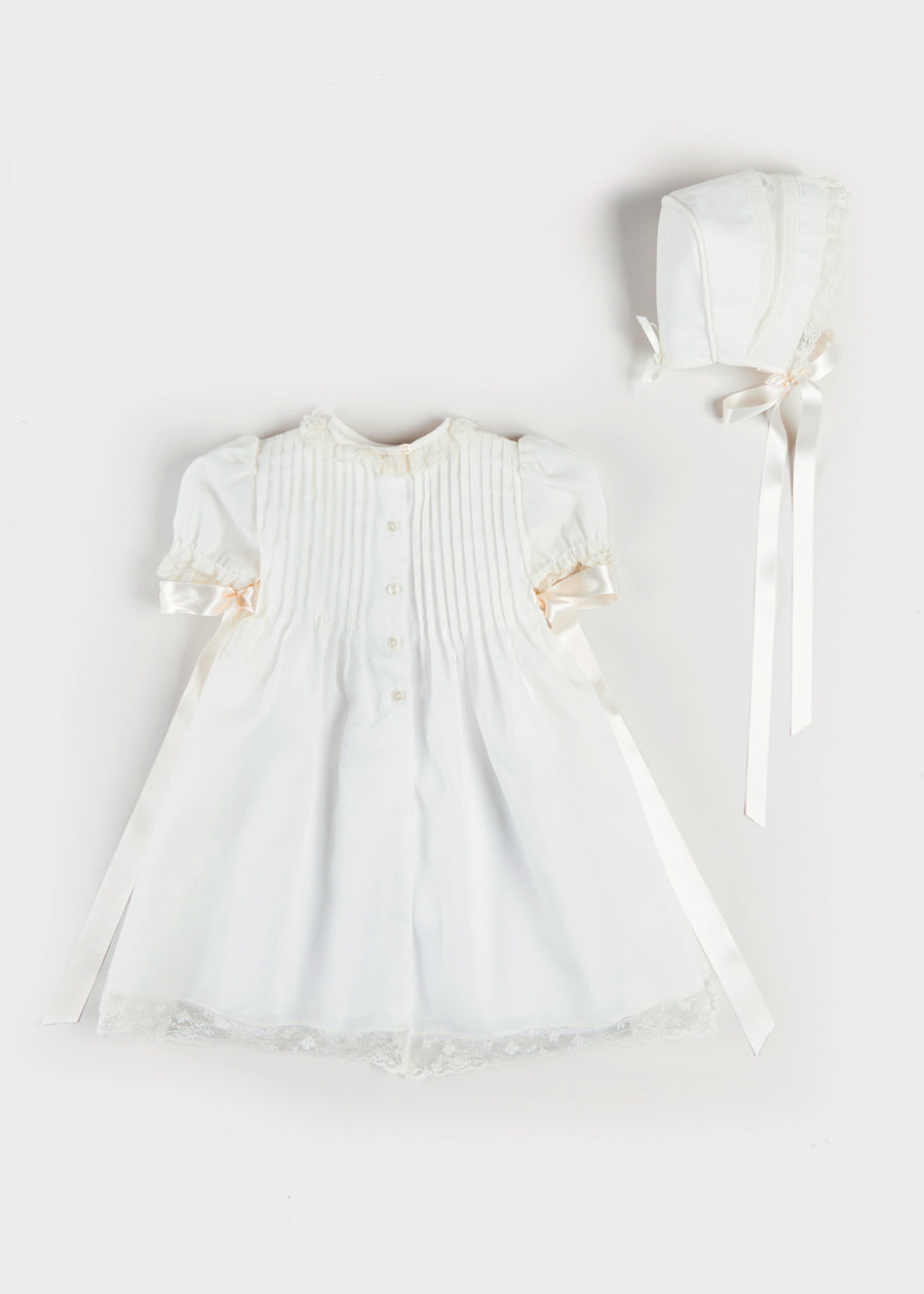 Bespoke Organic Cotton Dress With Shoulder Ribbons and Bonnet Made to order  from Pepa London