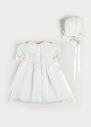 Bespoke Organic Cotton Dress With Shoulder Ribbons and Bonnet Made to order  from Pepa London