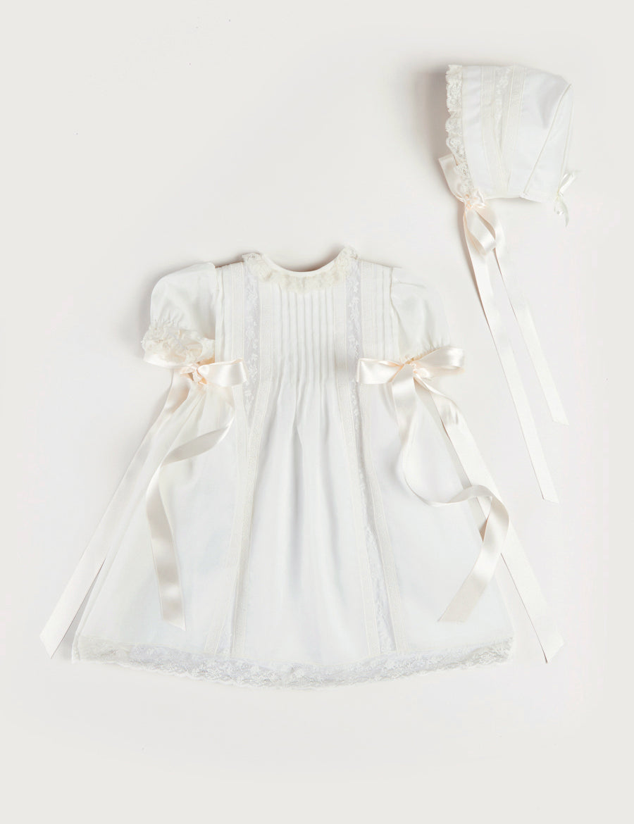 Bespoke Organic Cotton Dress With Shoulder Ribbons and Bonnet Made to order  from Pepa London