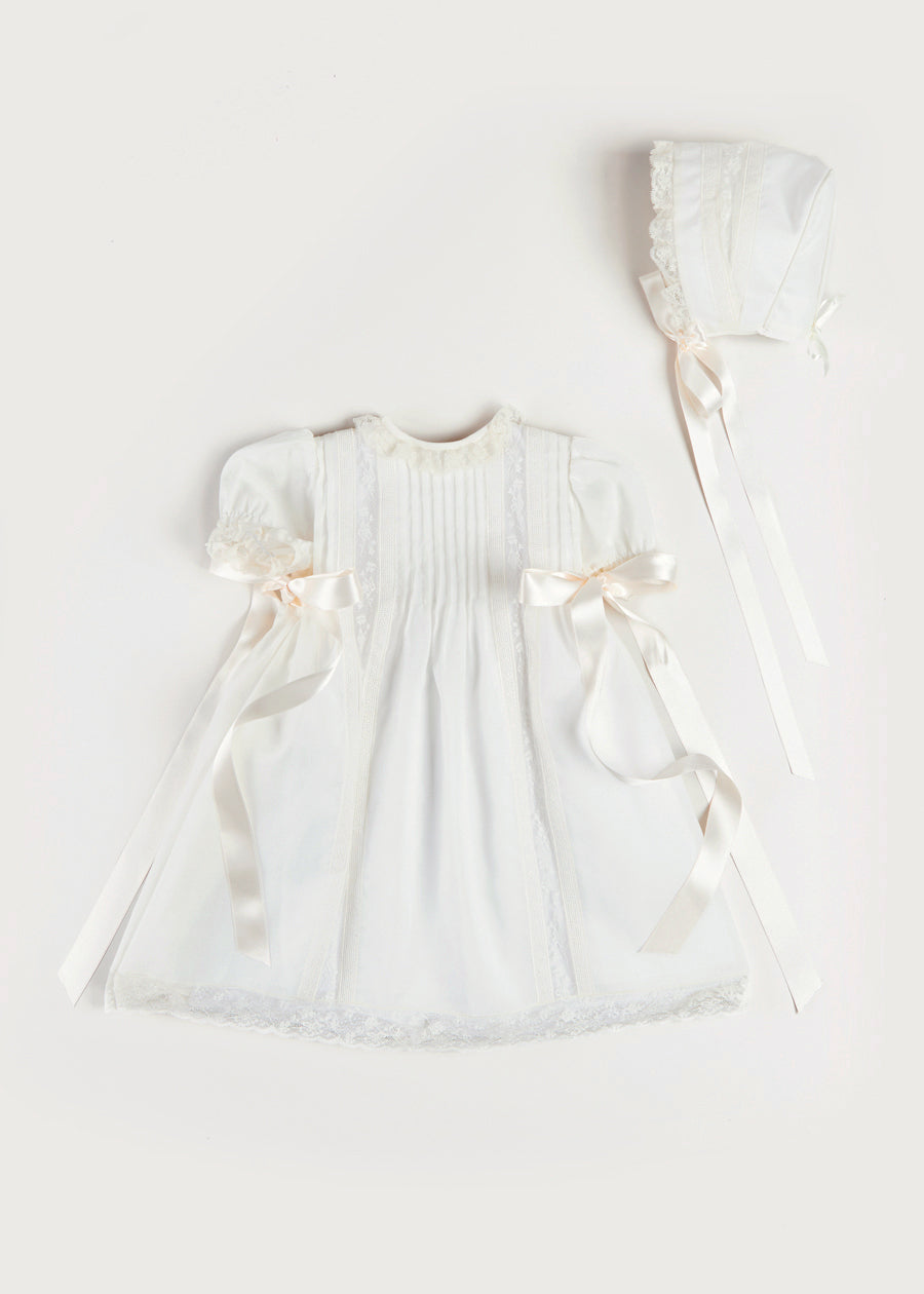 Bespoke Organic Cotton Dress With Shoulder Ribbons and Bonnet Made to order  from Pepa London