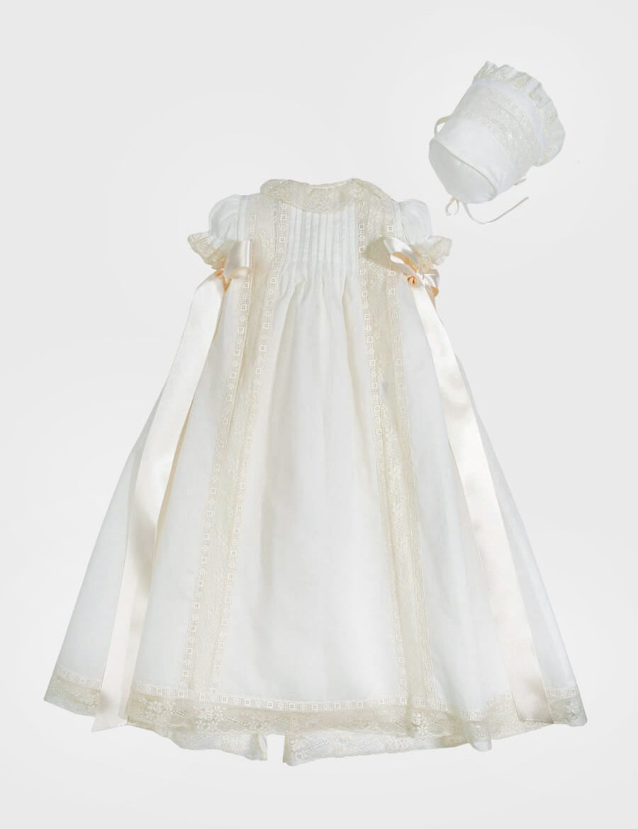 Bespoke Christening Gown with Side Satin Sash and Bonnet Made to order  from Pepa London