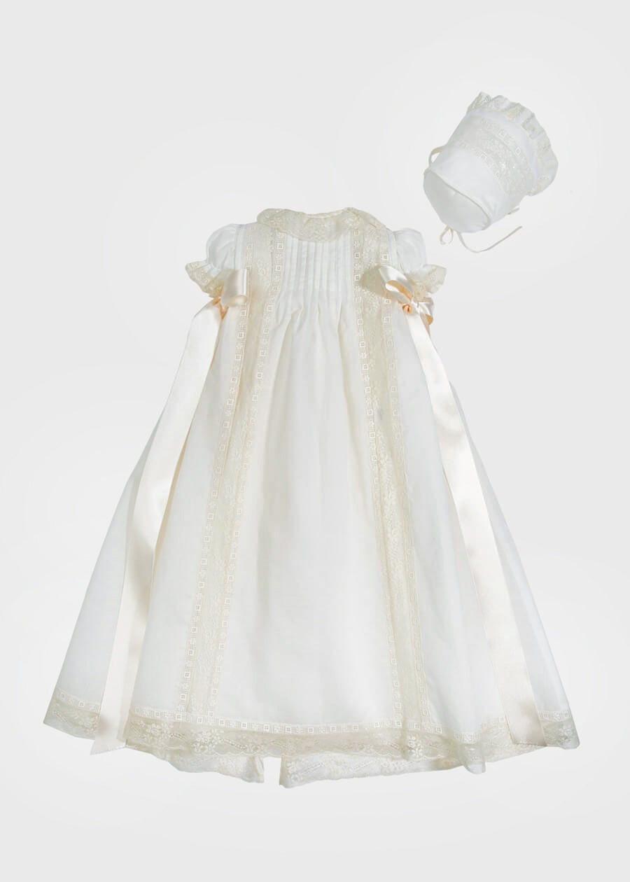 Bespoke Christening Gown with Side Satin Sash and Bonnet Made to order  from Pepa London