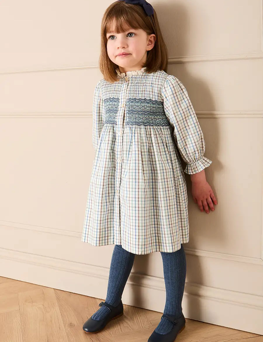 Beaumont Check Long Sleeve Dress in Blue (18mths-10yrs) Dresses from Pepa London