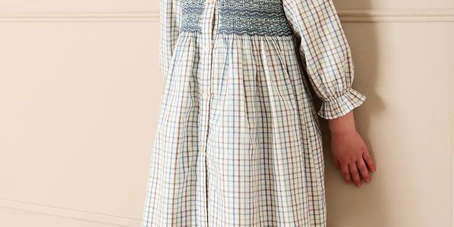 Beaumont Check Long Sleeve Dress in Blue (18mths-10yrs) Dresses from Pepa London