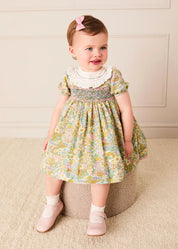 Charlotte Floral Hand Smocked Embroidered Collar Short Sleeve Dress With Bloomers in Green (6mths-3yrs) Dresses from Pepa London