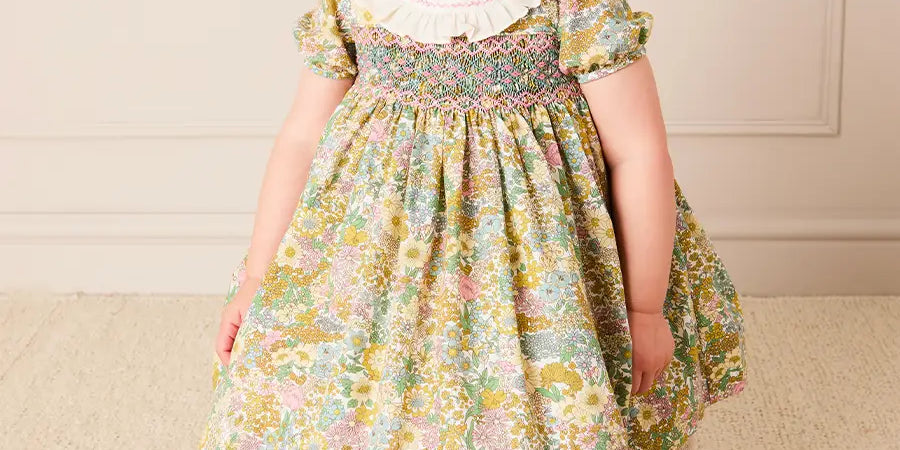 Charlotte Floral Hand Smocked Embroidered Collar Short Sleeve Dress With Bloomers in Green (6mths-3yrs) Dresses from Pepa London