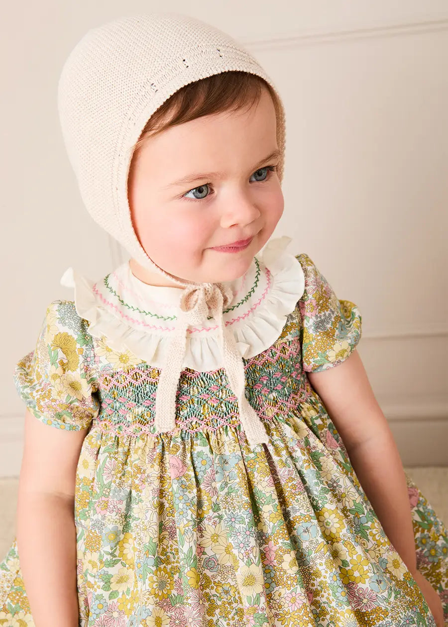 Charlotte Floral Hand Smocked Embroidered Collar Short Sleeve Dress With Bloomers in Green (6mths-3yrs) Dresses from Pepa London