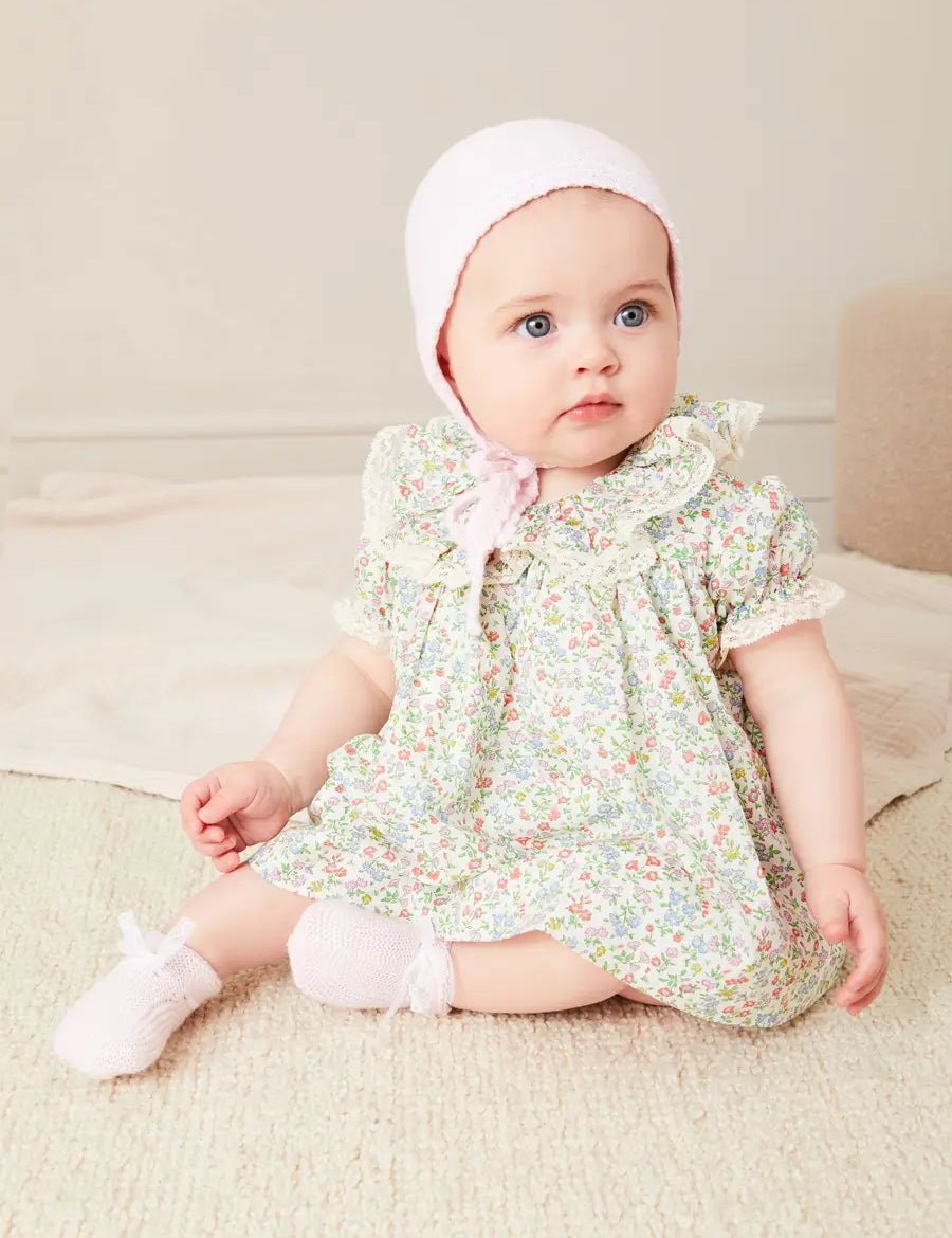 Cordelia Floral Ruffle Collar Short Sleeve Dress in Green Made with Liberty Fabric (1-12m) DRESSES from Pepa London