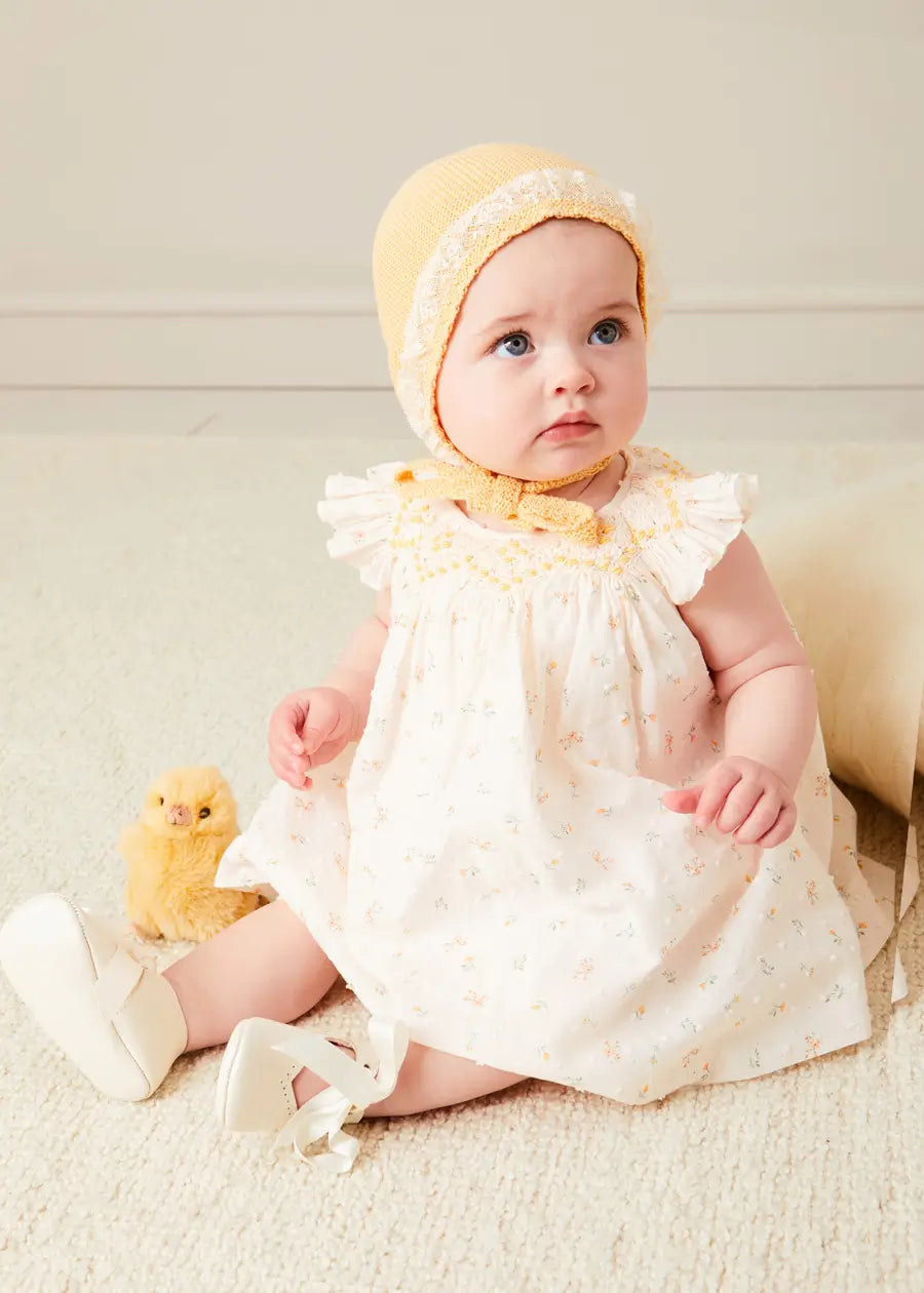 Lace Detail Knitted Bonnet in Tangerine (1-12mths) BONNETS from Pepa London