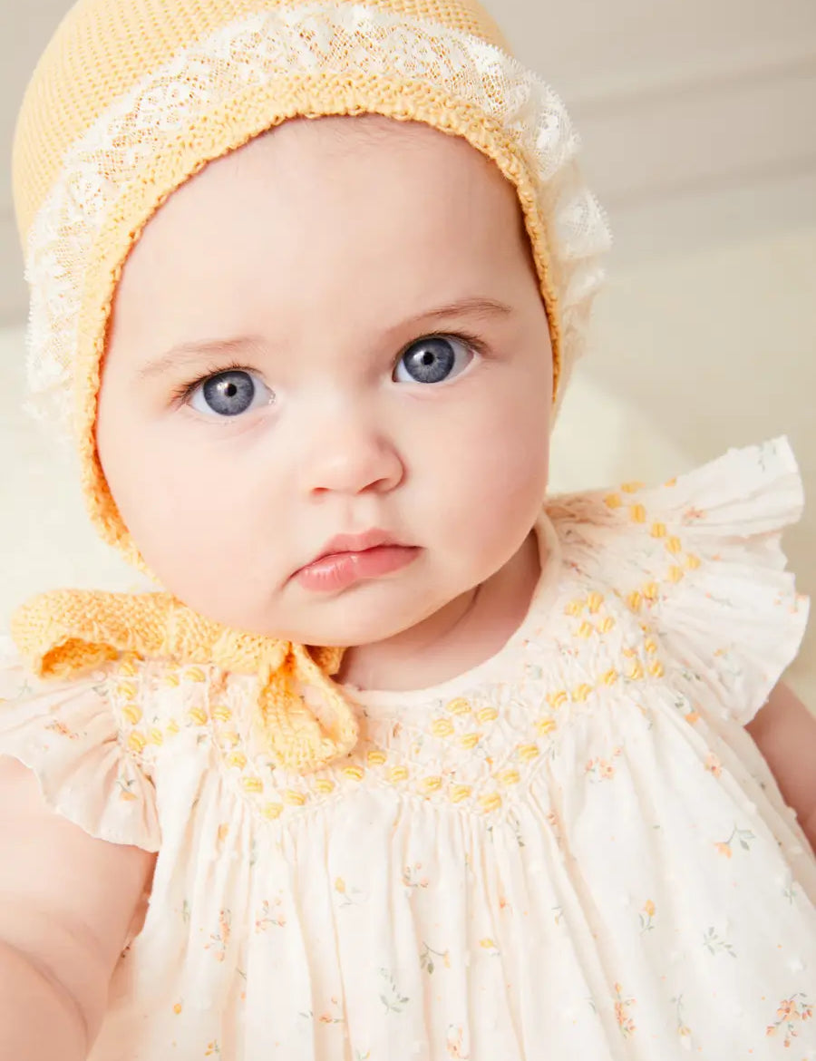 Lace Detail Knitted Bonnet in Tangerine (1-12mths) BONNETS from Pepa London