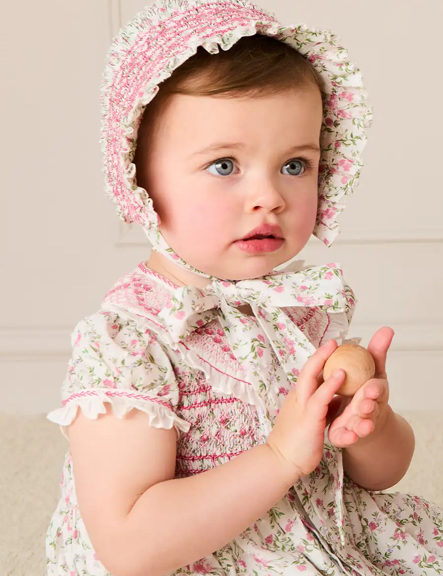 Alice Floral Hand Smocked Bonnet in Pink (XS-L) Bonnets from Pepa London