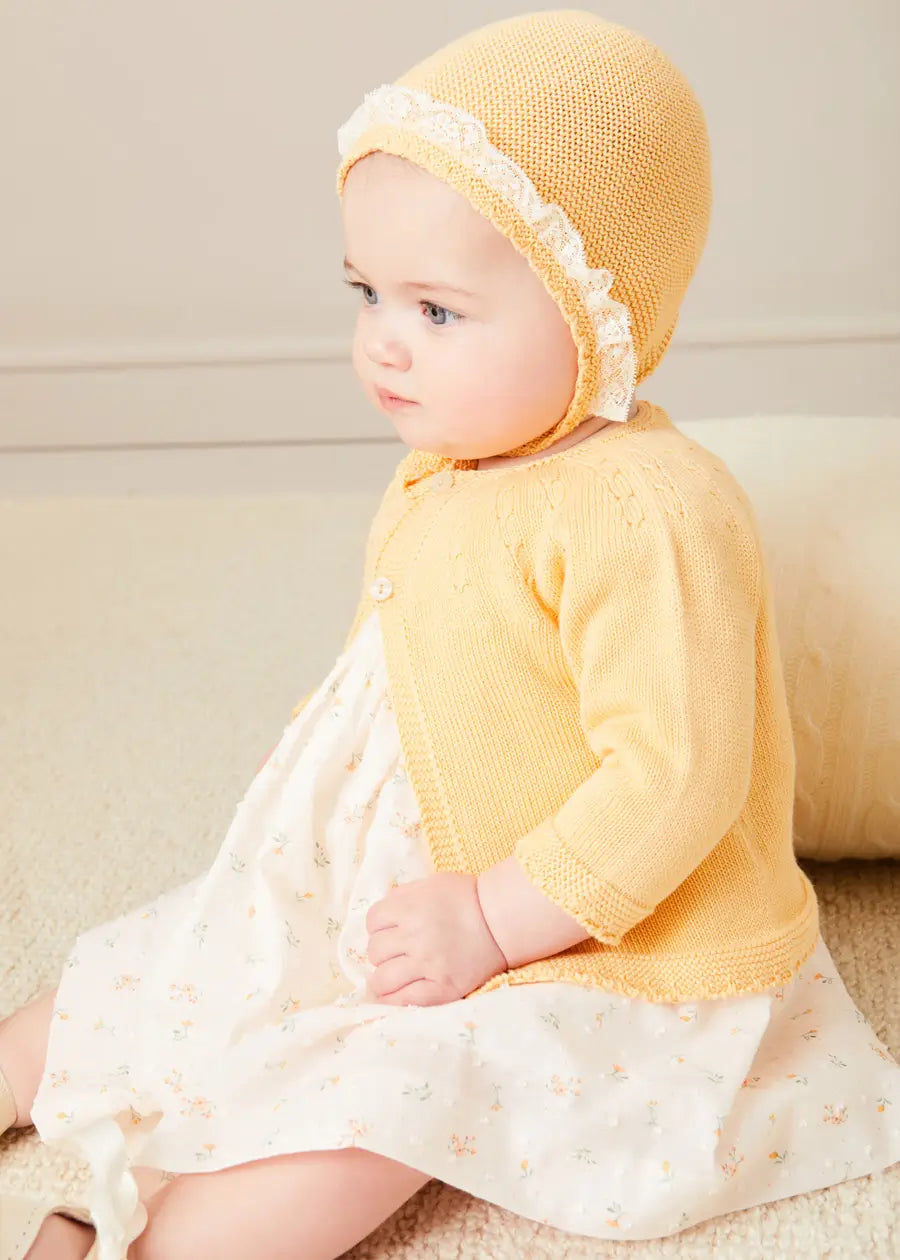 Lace Detail Knitted Bonnet in Tangerine (1-12mths) BONNETS from Pepa London