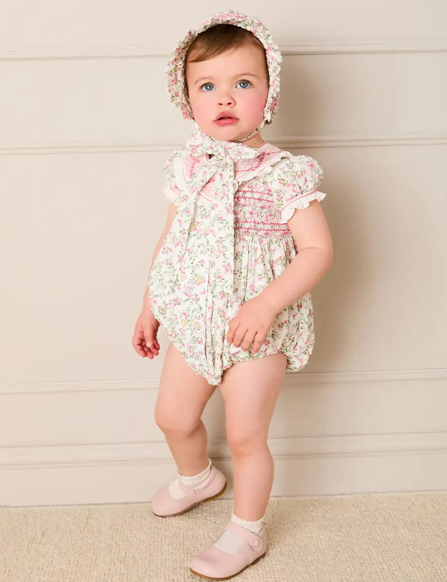 Alice Floral Double Breasted Hand Smocked Romper in Pink (6mths-2yrs) Rompers from Pepa London