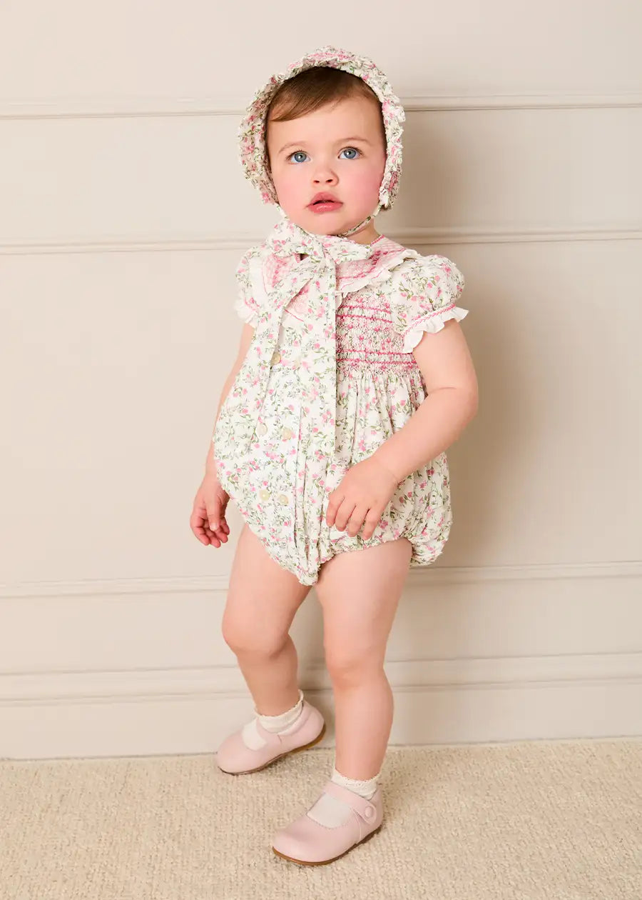 Alice Floral Double Breasted Hand Smocked Romper in Pink (6mths-2yrs) Rompers from Pepa London