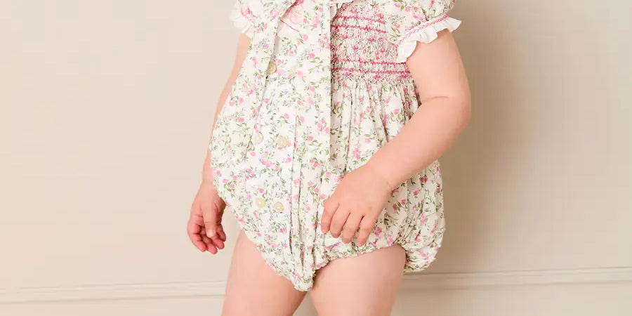 Alice Floral Double Breasted Hand Smocked Romper in Pink (6mths-2yrs) ROMPERS from Pepa London