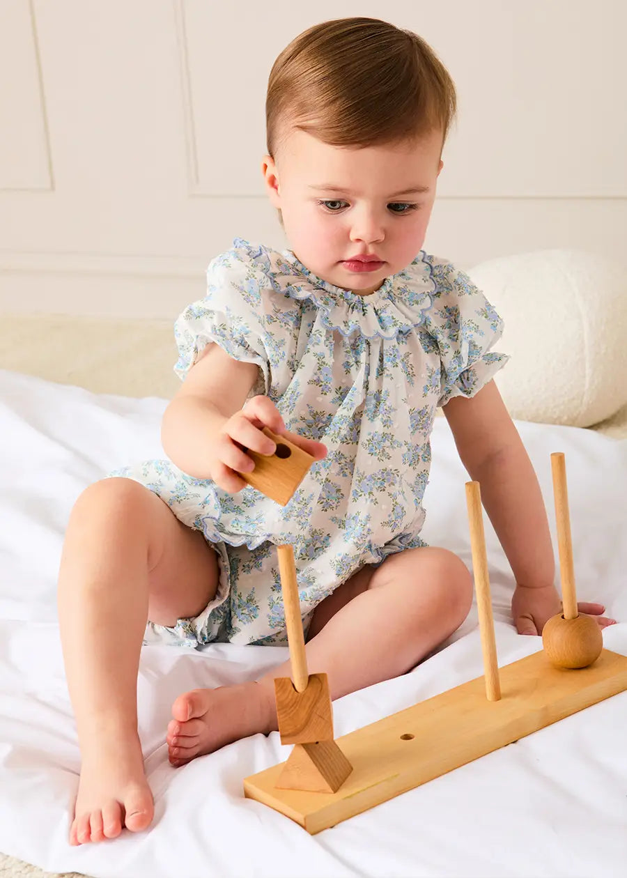 Esme Floral Swiss Voile Scallop Detail All-In-One Pyjamas in Blue (9mths-2yrs) NIGHTWEAR from Pepa London