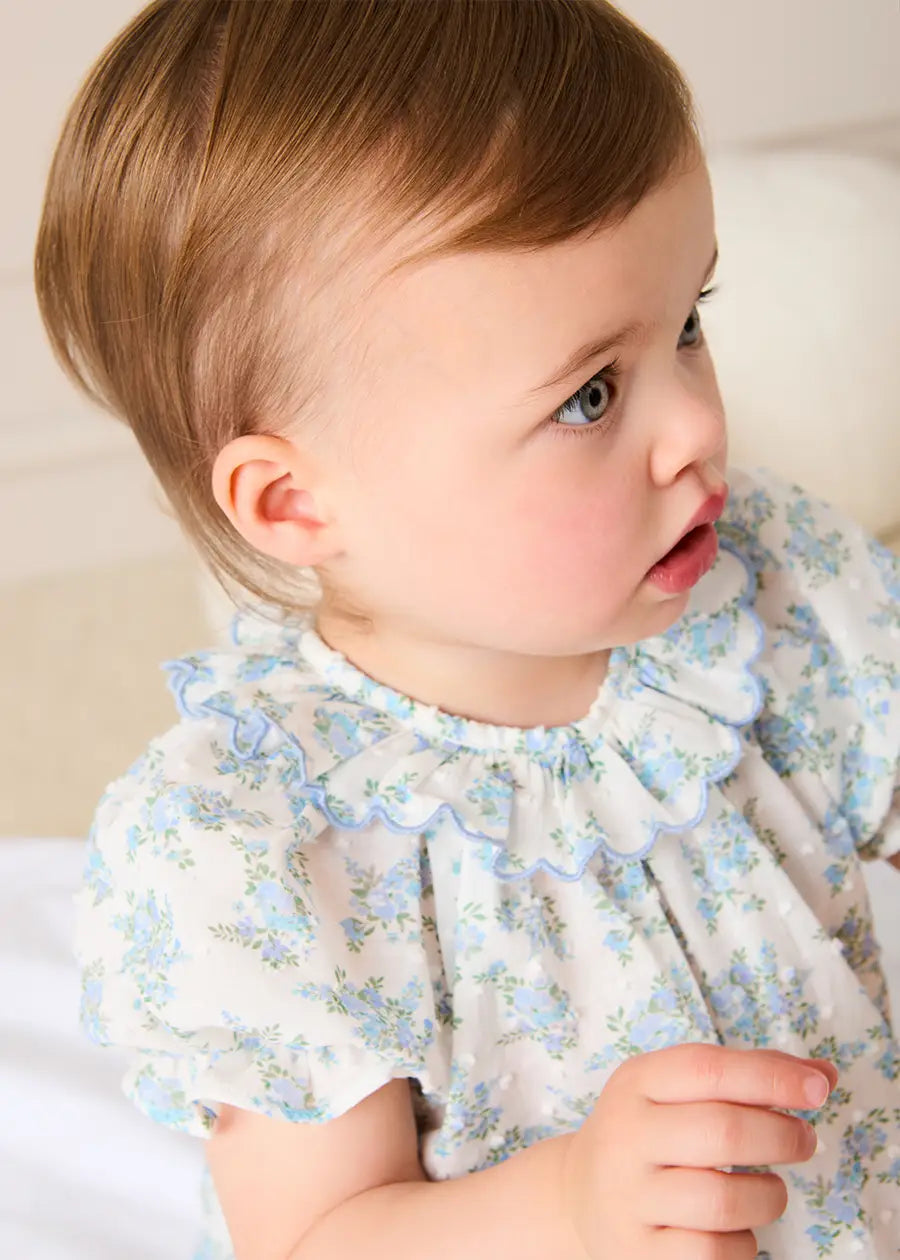 Esme Floral Swiss Voile Scallop Detail All-In-One Pyjamas in Blue (9mths-2yrs) NIGHTWEAR from Pepa London
