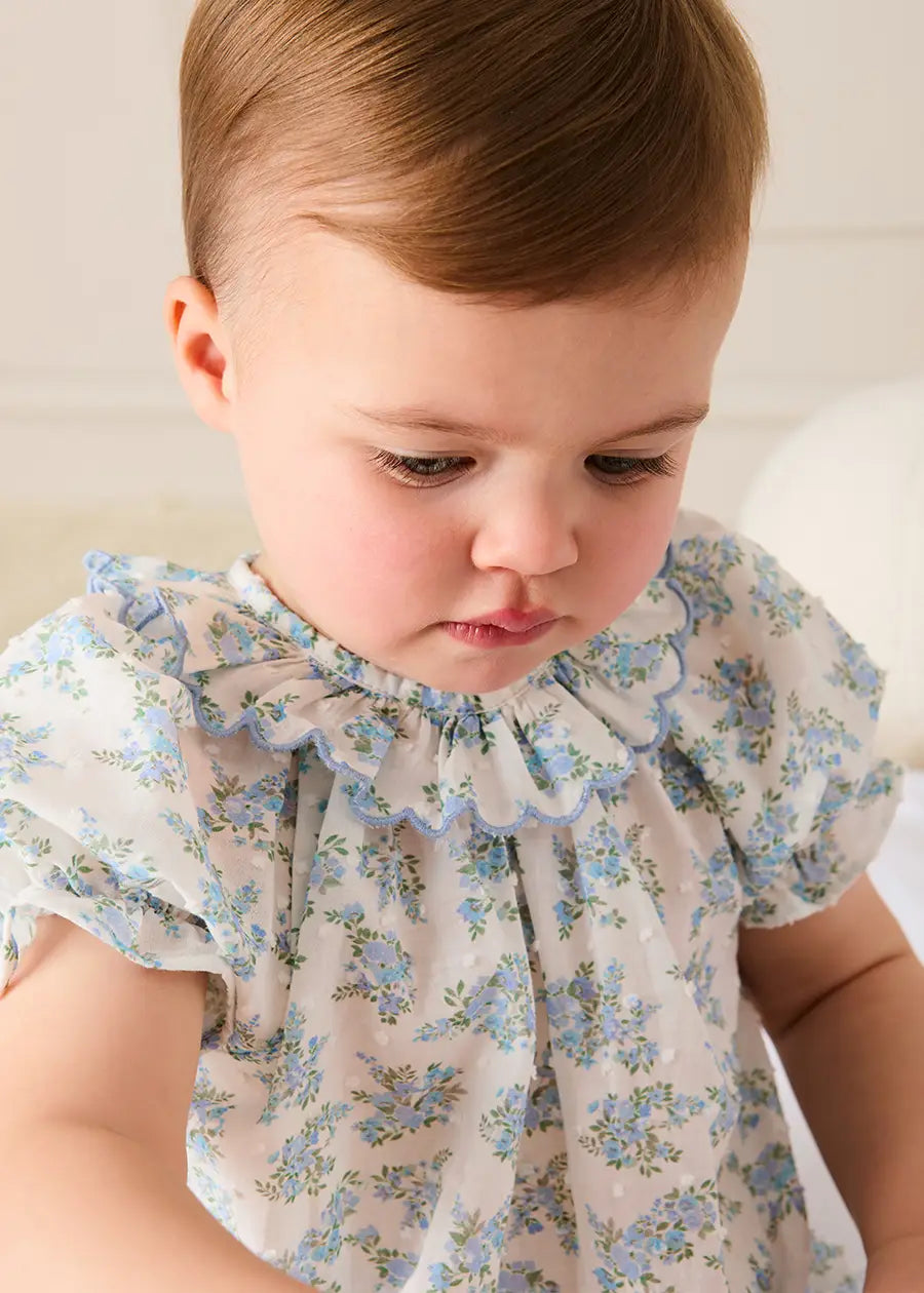 Esme Floral Swiss Voile Scallop Detail All-In-One Pyjamas in Blue (9mths-2yrs) NIGHTWEAR from Pepa London