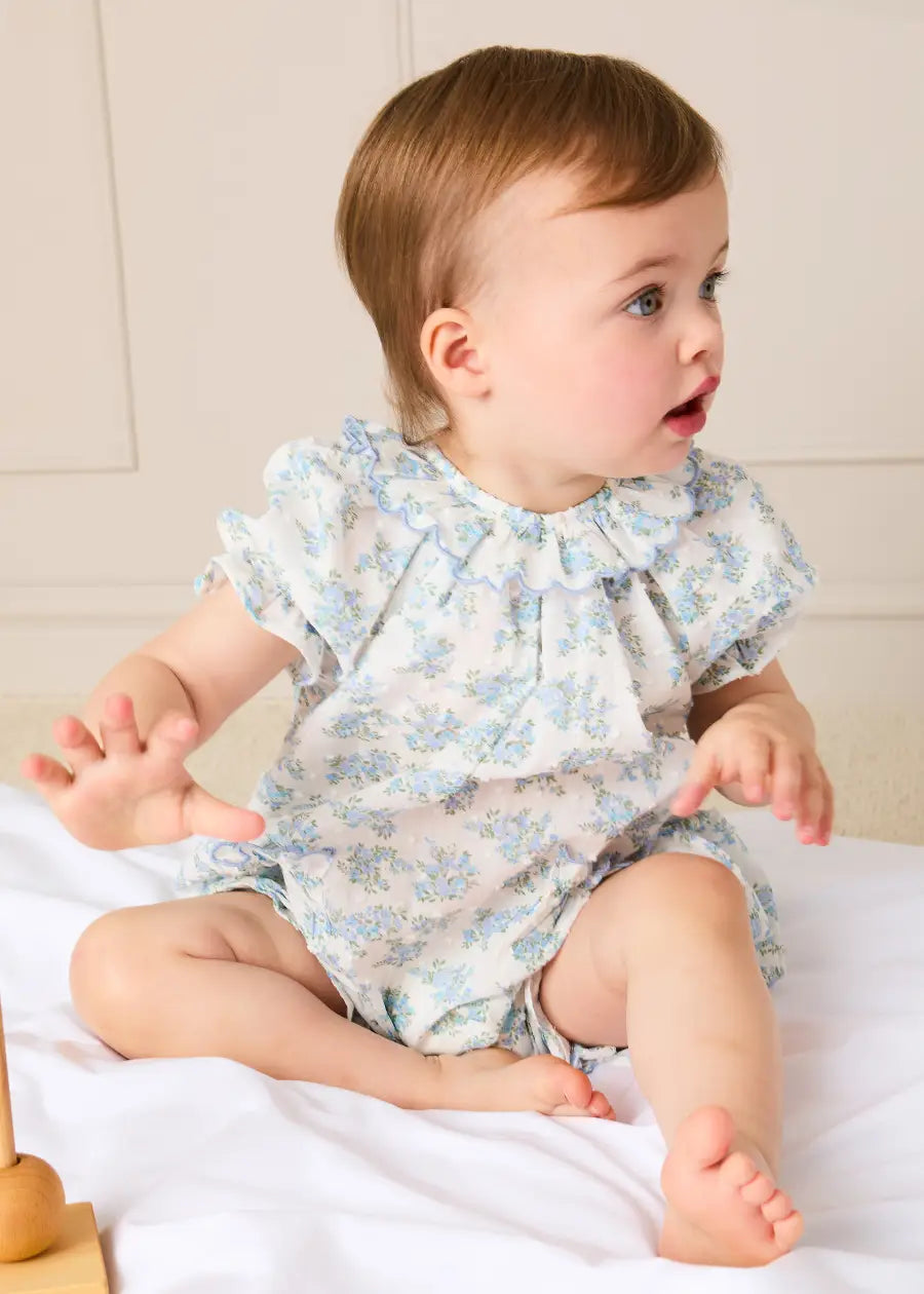 Esme Floral Swiss Voile Scallop Detail All-In-One Pyjamas in Blue (9mths-2yrs) Nightwear from Pepa London