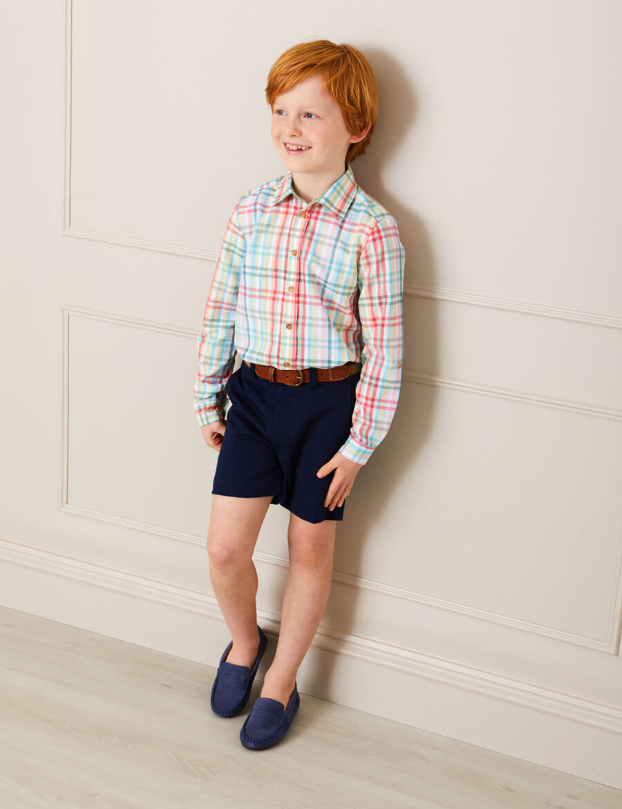 Checked Polo Collar Long Sleeve Shirt in Blue (12mths-10yrs) Shirts  from Pepa London