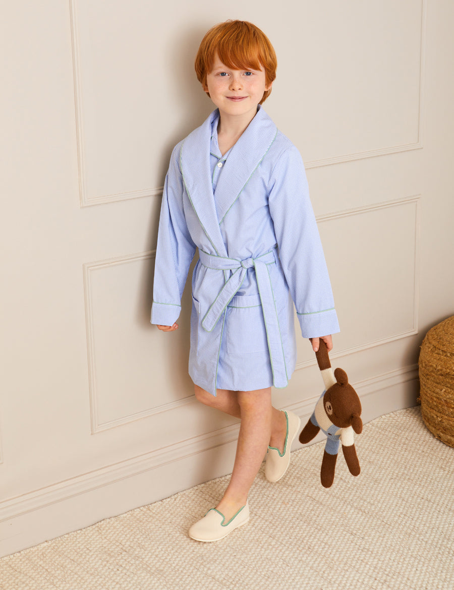 Gingham Contrast Piping Dressing Gown in Blue (2-10yrs) Nightwear  from Pepa London