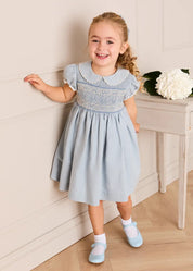 Hand Smocked Peter Pan Collar Short Sleeve Dress in Sky Blue (12mths-10yrs) Dresses from Pepa London
