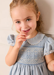 Hand Smocked Peter Pan Collar Short Sleeve Dress in Sky Blue (12mths-10yrs) Dresses from Pepa London