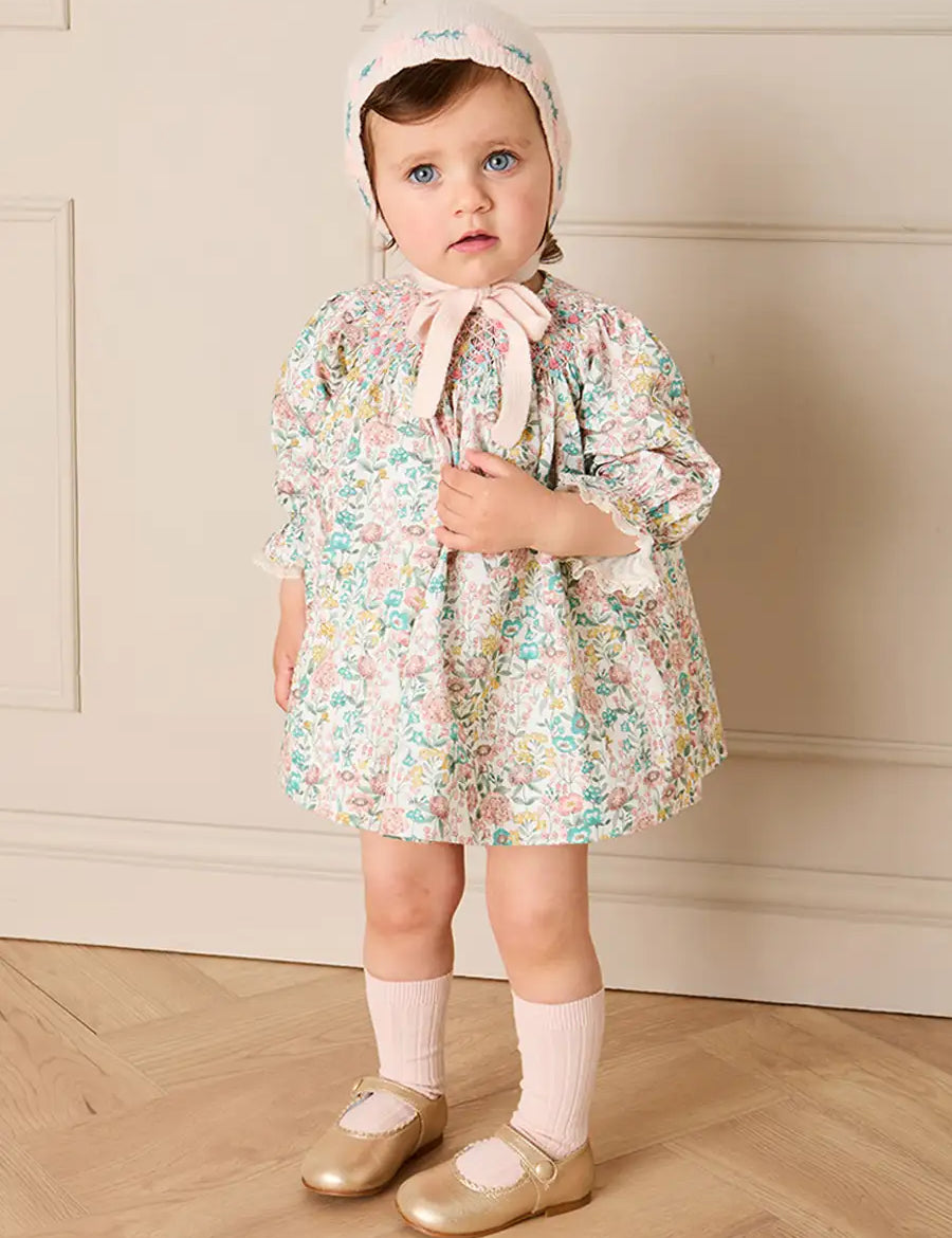 Bertoli Floral Petal Collar Long Sleeve Dress With Bloomers in Dusty Pink (6mths-4yrs) Dresses from Pepa London