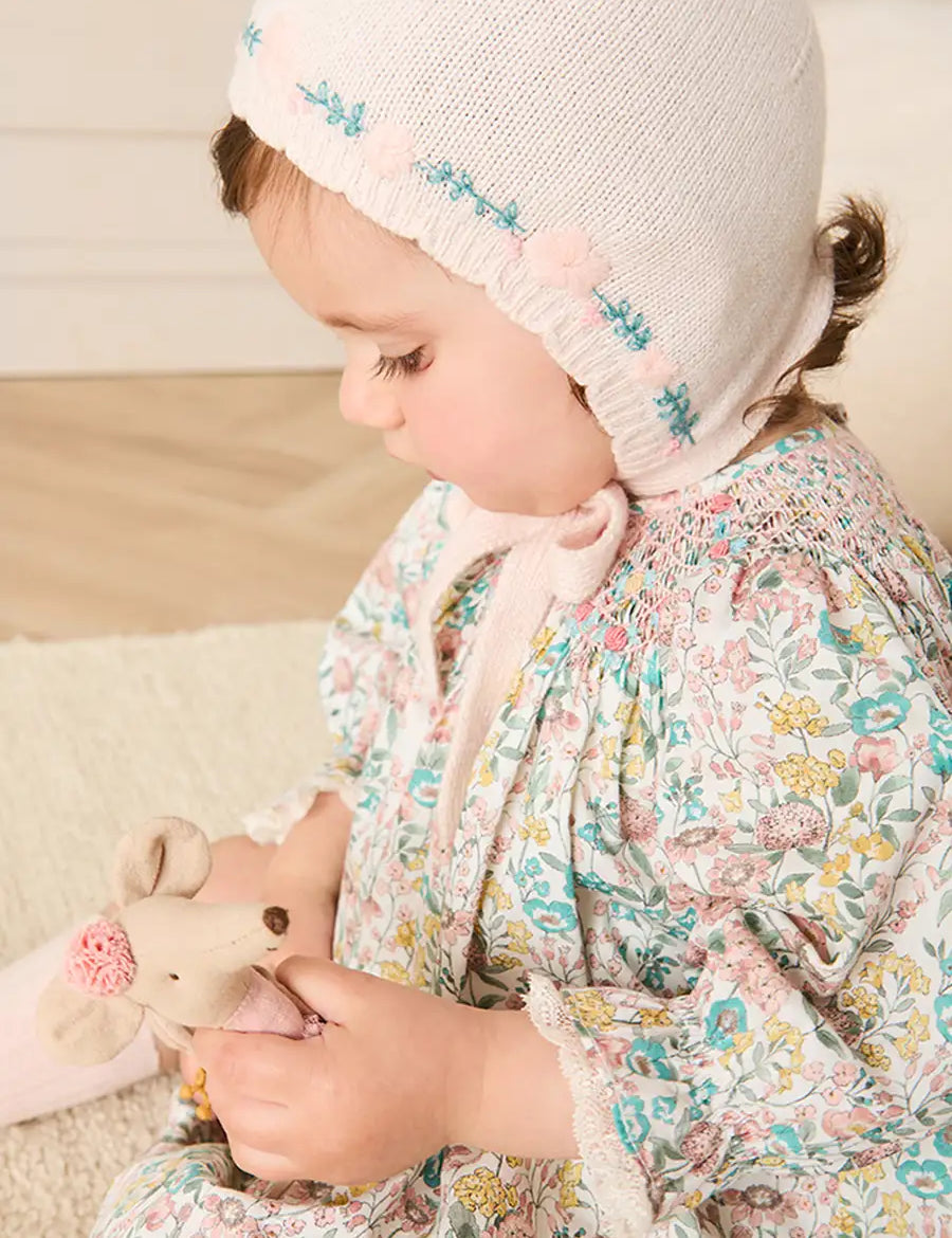 Wildflower Embroidered Knitted Bonnet in Pale Pink (S-L) Knitted Accessories from Pepa London