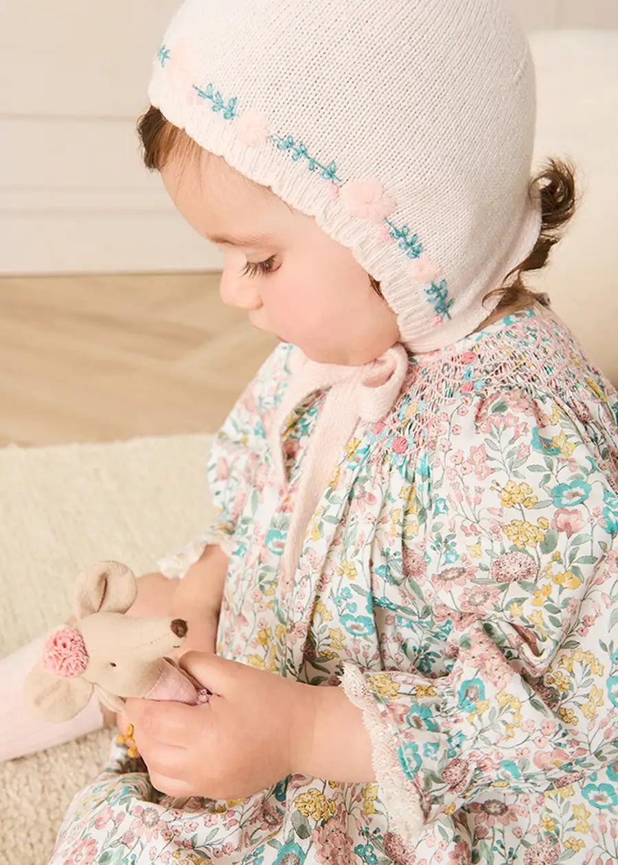Wildflower Embroidered Knitted Bonnet in Pale Pink (S-L) Knitted Accessories from Pepa London