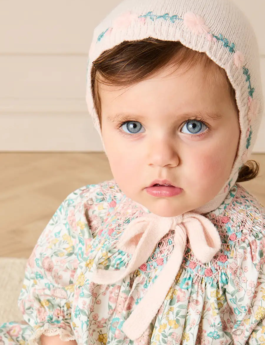 Wildflower Embroidered Knitted Bonnet in Pale Pink (S-L) Knitted Accessories from Pepa London