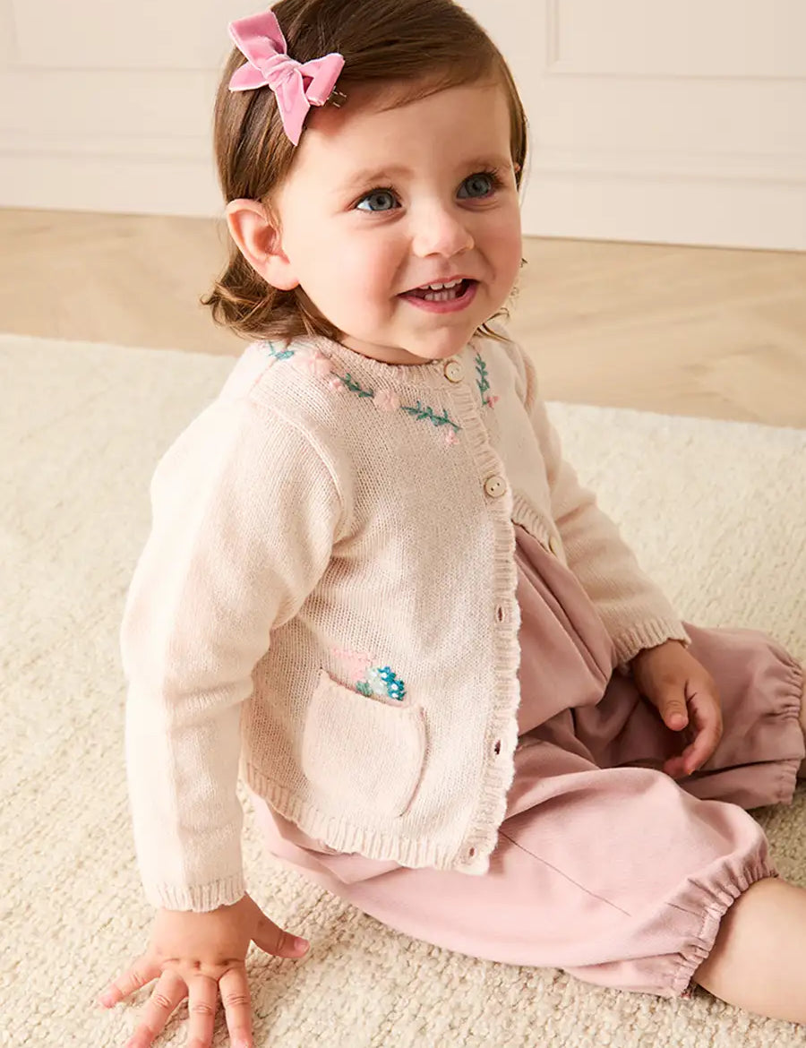 Wildflower Embroidered Knitted Cardigan in Pale Pink (3mths-4yrs) Knitwear from Pepa London
