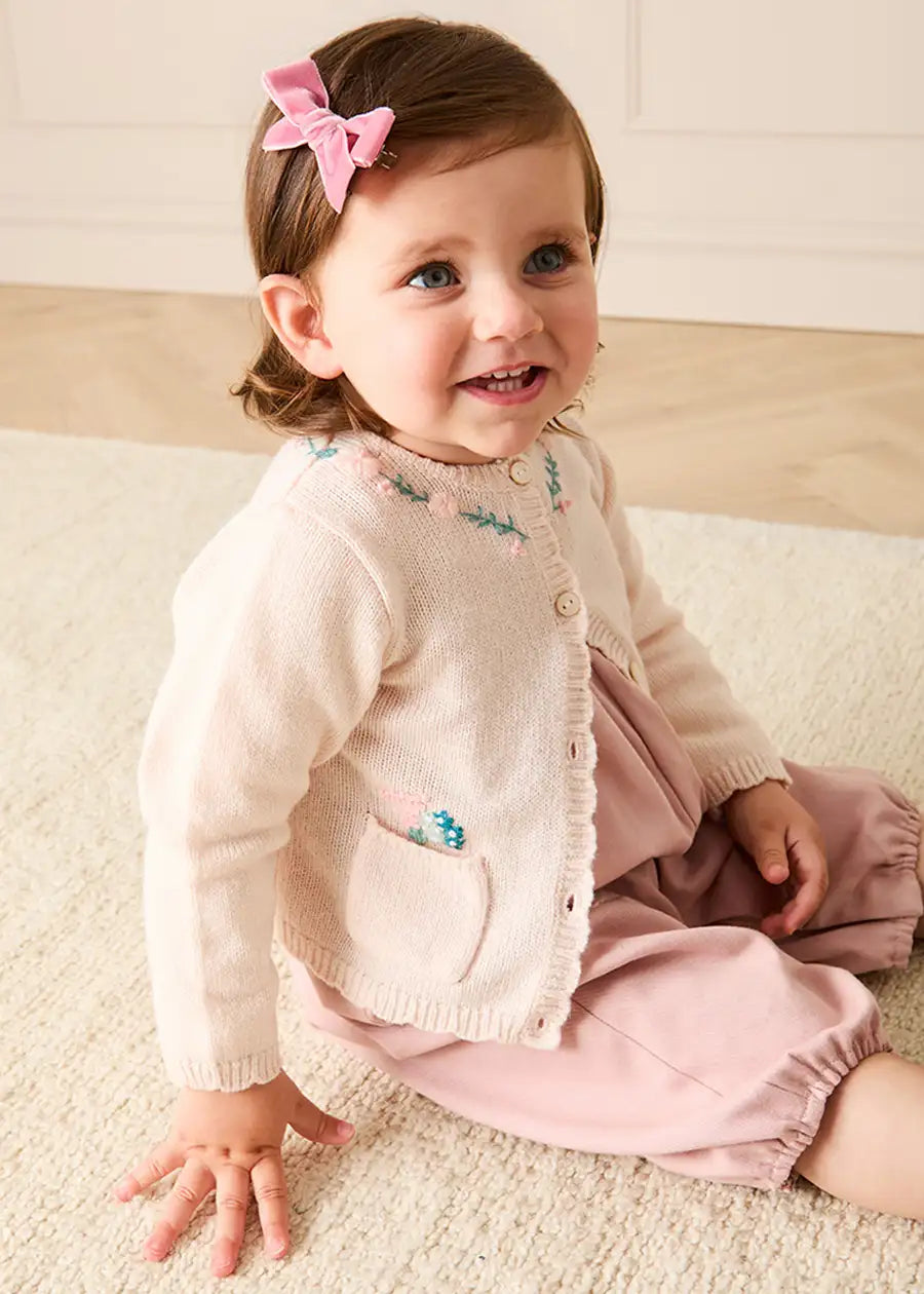 Wildflower Embroidered Knitted Cardigan in Pale Pink (3mths-4yrs) Knitwear from Pepa London