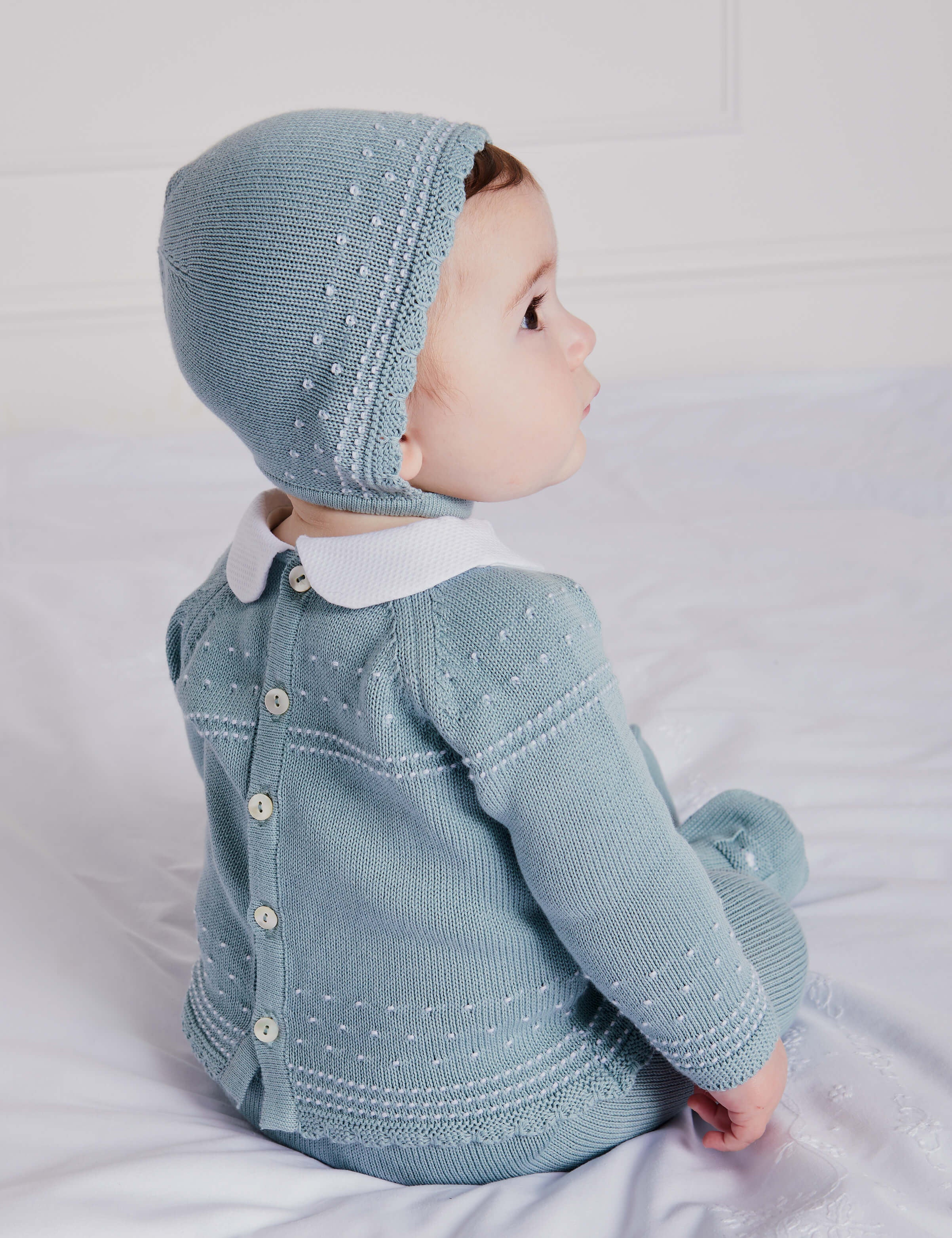 Gentle Openwork Peter Pan Collar 3 Piece Knitted Set in Green (0-6mths) Knitted Sets  from Pepa London
