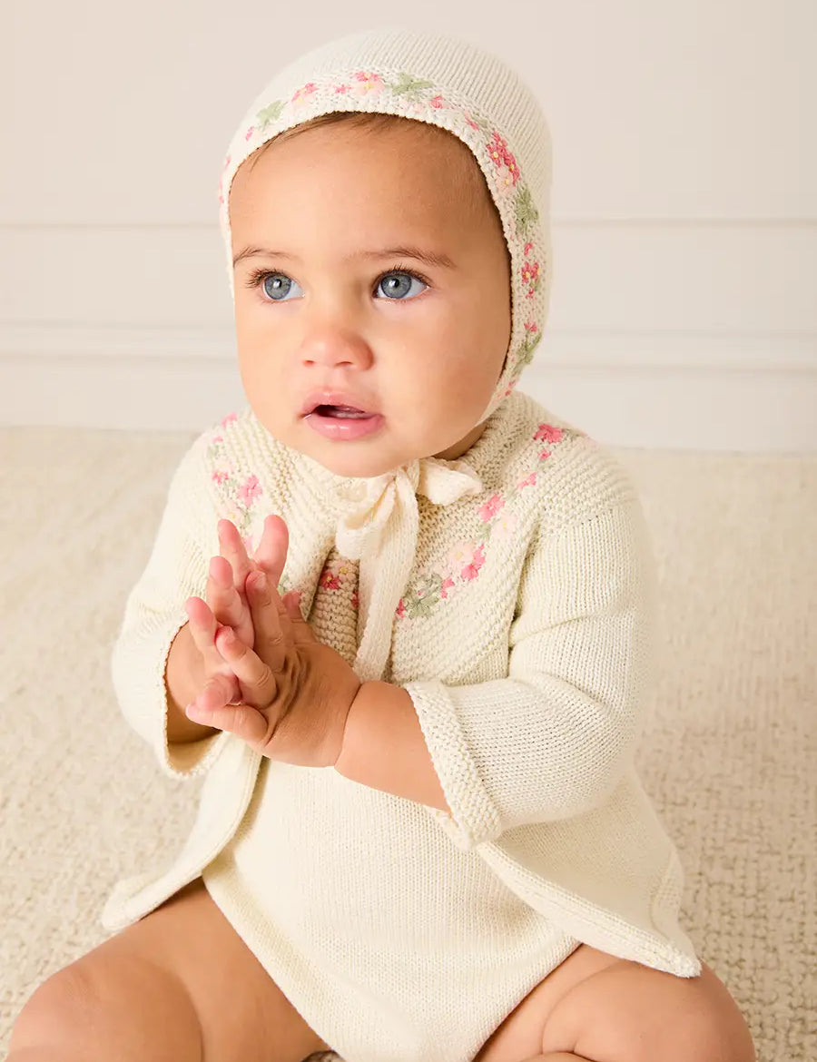 Wildflower Embroidered Two Button Cotton Newborn Cardigan in Cream (1-9mths) Knitwear from Pepa London