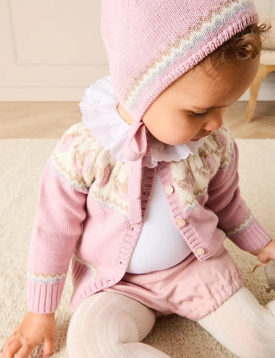 Birdie Fair Isle Knitted Cardigan in Pink (6mths-6yrs) Knitwear from Pepa London