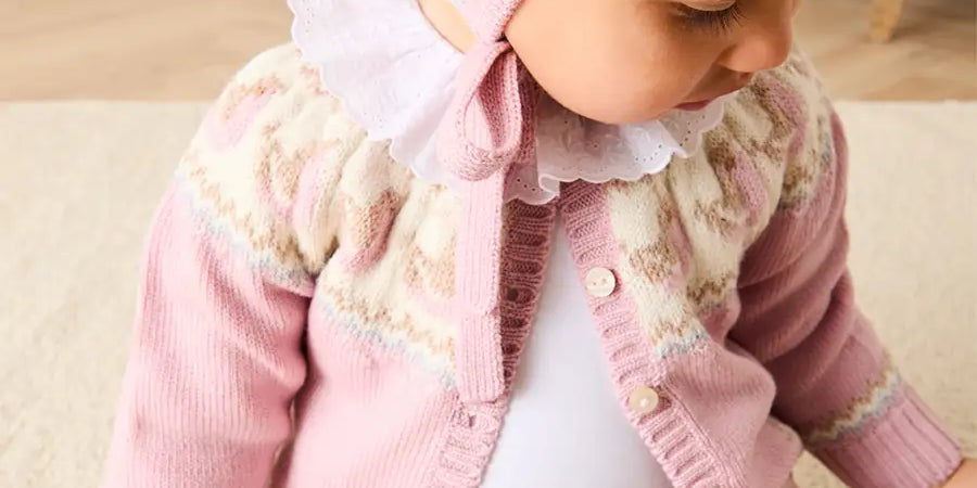 Birdie Fair Isle Knitted Cardigan in Pink (6mths-6yrs) Knitwear from Pepa London