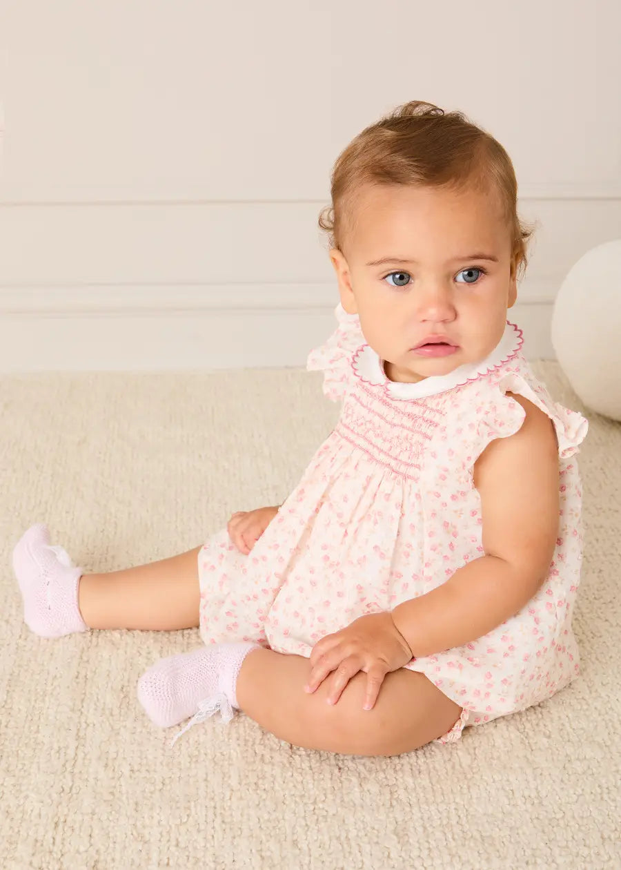 Martha Floral Hand Smocked Cap Sleeve Scallop Collar Dress in Pink (1-9mths) Dresses from Pepa London