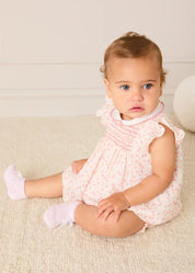 Martha Floral Hand Smocked Cap Sleeve Scallop Collar Dress in Pink (1-9mths) Dresses from Pepa London